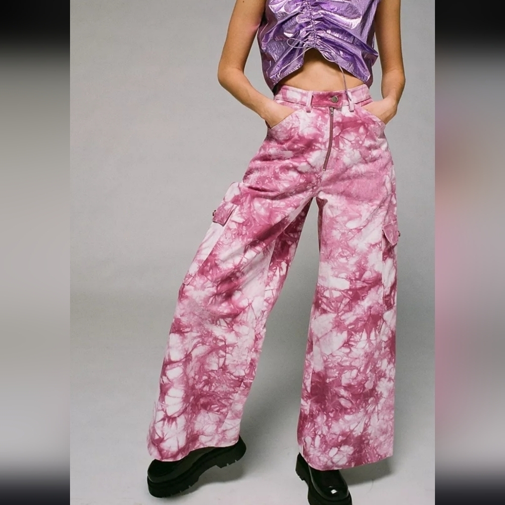 Hosbjerg Tesla Purple Tie-Dye Wide Leg Cargo Pants | 100% Cotton | Size M NWT